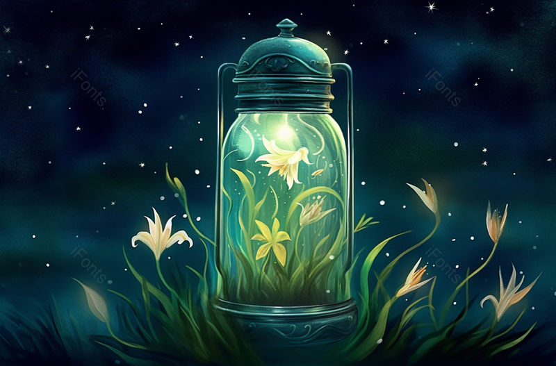 盛夏夜晚萤火虫围绕荷花绽放插画绿色背景,插画/手绘图,插画/手绘图库,插画/手绘图下载,插画/手绘
